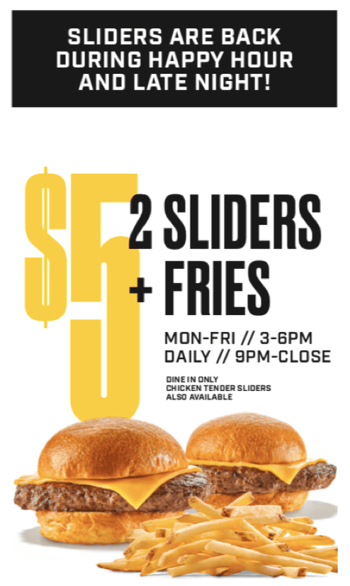 A menu with two sliders and fries on it.